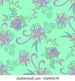 Hand drawn colorful seamless pattern. Floral orient retro background for textile, fabric, wrapping, paper, cloth