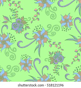 Hand drawn colorful seamless pattern. Floral orient retro background for textile, fabric, wrapping, paper, cloth