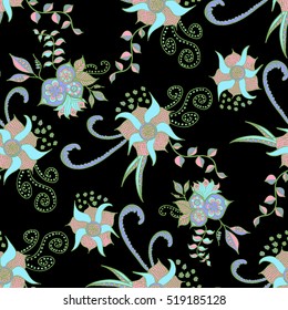 Hand drawn colorful seamless pattern. Floral orient retro black background for textile, fabric, wrapping, paper, cloth