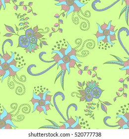 Hand drawn colorful seamless pattern. Floral orient retro background for textile, fabric, wrapping, paper, cloth