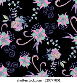 Hand drawn colorful seamless pattern. Floral orient retro background for textile, fabric, wrapping, paper, cloth