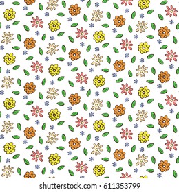 Hand drawn colorful seamless pattern with flowers and leaves.  Floral seamless texture for textile, wallpapers, surface, wrapping paper, scrapbooking and decoupage. Fashion summer background.