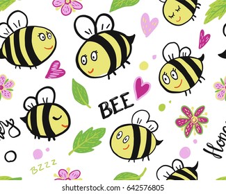 Hand drawn colorful seamless pattern with fly cute bee, flower. Vector illustration for honey background, banner, baby wallpaper, textile design. Cartoon bumble beezy flat style.