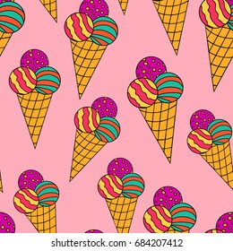 Hand drawn colorful seamless pattern with ice cream with three balls in the waffle cup with doodle black counter. Vector illustration.