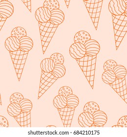 Hand drawn colorful seamless pattern with ice cream with three balls in the waffle cup with doodle counter. Vector illustration.