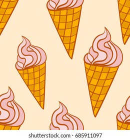 Hand drawn colorful seamless pattern with strawberry ice cream in the waffle cone. Vector illustration.