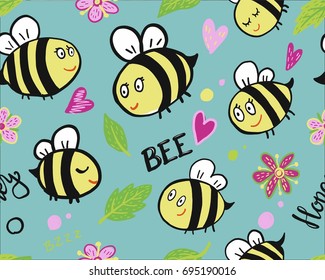 Hand drawn colorful seamless pattern with fly cute bee, flower. Vector illustration for honey background, banner, baby wallpaper, textile design. Cartoon bumble beezy flat style.