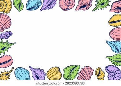 Hand drawn colorful seashell border frame with copy space