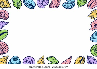 Hand drawn colorful seashell border frame with copy space