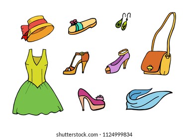 Hand drawn colorful set of fashion icons. Look Book.Trendy clothes, footwear and accessories. Sarafan, shoes, accessories
