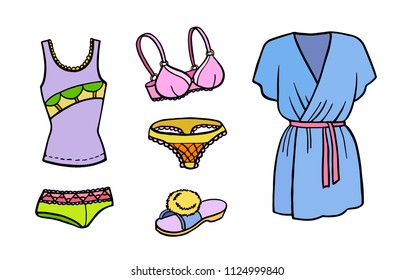 Hand drawn colorful set of fashion icons. Look Book.Trendy home clothes, footwear and underwear. Bathrobe, slipper, panties, bra, string