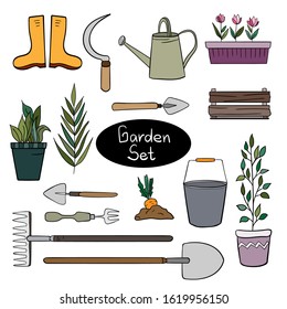Hand drawn colorful set of gardening equipment on white isolated background. Pots with plants, boots, rake, shovel, watering can, wood box, fork, sprout of carrot, bucket. Doodle.
