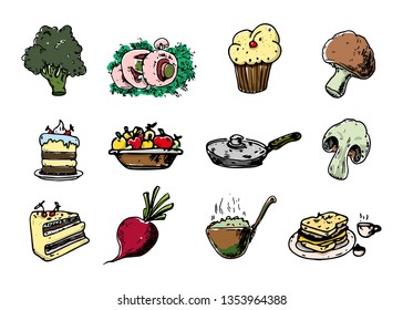 Hand drawn colorful set of healthy food doodles vector illustration. Mushrooms and sweets, cakes, greens and fruits, pan with porridge.
