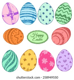 Hand drawn colorful set of isolated sketch ornate Easter eggs icons