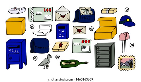 Hand drawn colorful set post office, mails, boxes