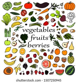 Hand drawn colorful set 'vegetables, fruits, berries'. Vector illustration. EPS 10.