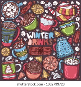 Hand drawn colorful set of winter hot drinks. Coffee, cocoa, hot chocolate with whipped cream and marshmallow. Sketch collection. Christmas bar menu. Cozy lifestyle. Vector illustration