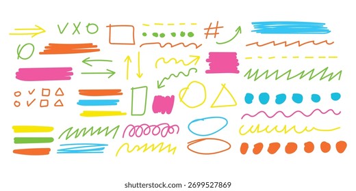 Hand drawn colorful shapes and lines highlighters icon vector. notes, illustrations and decorations texts, articles, slideshow symbol. vector illustration.