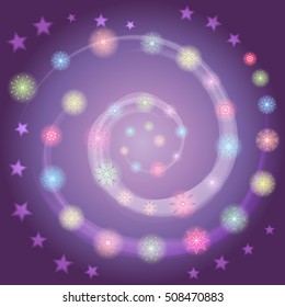 Hand Drawn Colorful Shinning Snowflakes arranged in shape of Spiral on Night Sky with Stars. Perfect for Festive design. Vector Illustration.