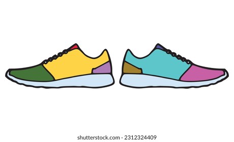 Hand drawn colorful shoe painted as original logo. Simple running footwear ready for activity outline illustration drawing. Sport equipment for all athlete, simple sign. Flat cartoonish shoes logo. 