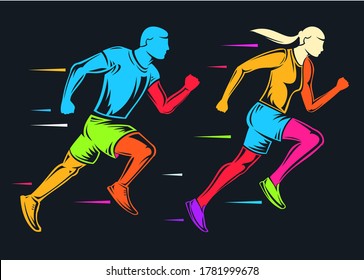 Hand drawn colorful silhouette running man and woman isolated on black background. Stylized vector illustration. Minimalistic vintage design template element for print, label, badge or other symbol.