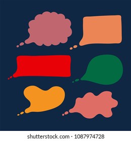 Hand drawn colorful silhouettes of  speech bubles  isolated on dark blue background.Vector illustration.