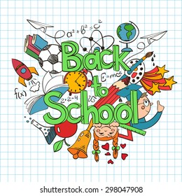 Hand drawn colorful sketch Back to School background. Abstract funny school scribbles on a sheet of exercise book.