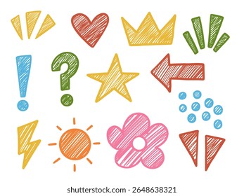 Hand Drawn Colorful Sketch Collection. A playful collection of 13 hand drawn sketch icons including hearts stars arrows punctuation symbols flowers in vibrant doodle style. Perfect for comics cards