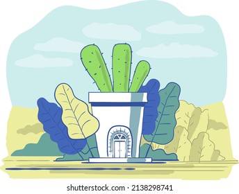 Hand drawn colorful sketch a house and cactus grow from pot. Cartoon design. Creative. 