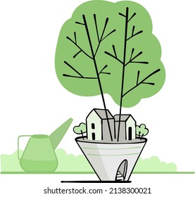Hand drawn colorful sketch of a house and trees grow from pot. Cartoon design. Creative. 