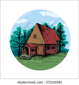 Hand drawn colorful sketch house in garden/forest in round frame. Vector illustration