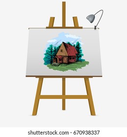 Hand drawn colorful sketch house in garden or forest. Vector illustration on easel