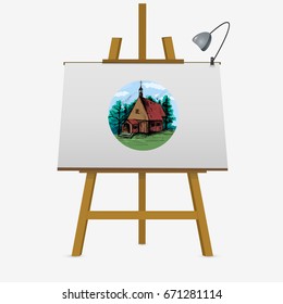 Hand drawn colorful sketch house in garden or forest in round frame. Vector illustration on easel