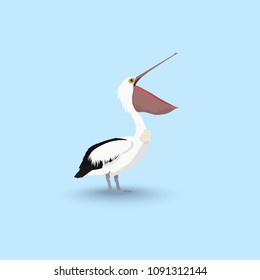 Hand drawn colorful sketch of pelican. Vector isolated image bird on blue background with shadows. Standing proud pelican with open beak.