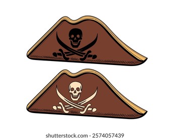 Hand drawn colorful sketch style pirate hats with skull and crossbones design. Perfect for pirate-themed events, logos, or adventure branding. Vector illustration