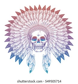 Hand drawn colorful skull in native american headdress isolated on white. Vector illustration