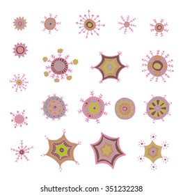 Hand drawn colorful snowflakes doodle. Tribal circular patterns. Abstract round design elements.