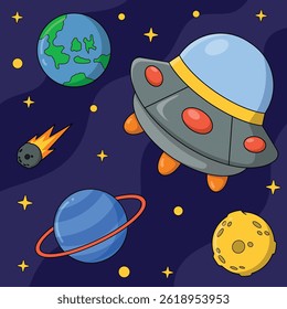 Hand Drawn Colorful Space Background. ufo in space.