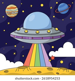 Hand Drawn Colorful Space Background. ufo in space.