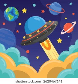 Hand Drawn Colorful Space Background. ufo in space.