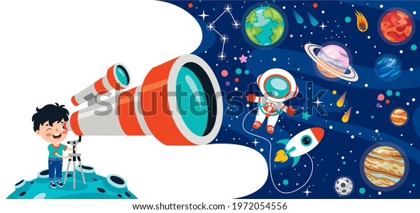 Hand Drawn Colorful Outer Space Cartoon Mural. 