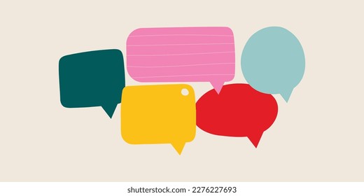 Hand drawn colorful speech bubbles. Modern concept of communication. Vector geometric shapes. Abstract isolated symbols of conversation, rhetoric, discussion.