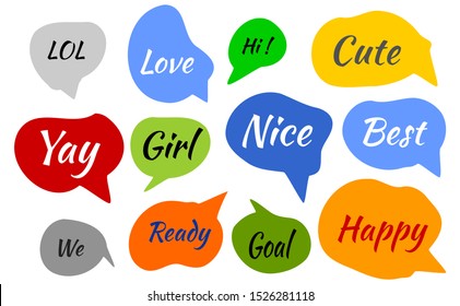 Hand drawn Colorful speech set of  bubbles and doodles with dialog words in vector format of bubbles speech doodle set. Speak doodle icon hand writing isolated vector.