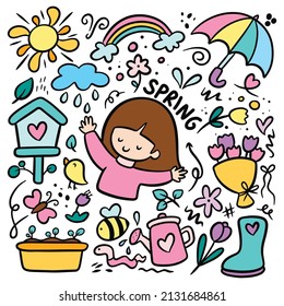 hand drawn colorful spring doodle with flower and kawaii little girl vector illustration