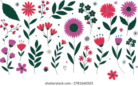 Hand drawn colorful spring flower collection with green leaves and wild blossoms cad drawing flat vector illustration for wedding invitation and decoration.