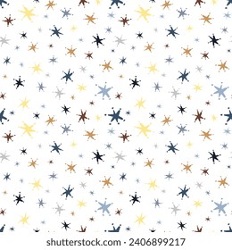 Hand drawn colorful stars seamless on white background. Childish style starry sky pattern. Can be used as all-over print for textile, wallpaper, wrapping, covering, advertising and decoration