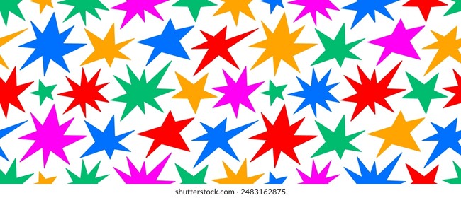 Hand drawn colorful stars seamless pattern. Vector silhouettes of various stars. Simple seamless banner design with childish or magic motif. Simple wallpaper for kids stuff, textile, graphic design.