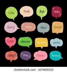 hand drawn colorful sticker with short message, set of cute bubbles speech that design for chat symbol, dialog word, label and tag