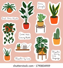 Hand drawn colorful stickers with house plants. Modern and elegant illustration in scandinavian style. Vector design