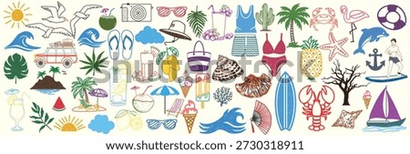Hand drawn colorful summer beach elements vector collection with beach icon, tropical fruit, ocean life, travel vibes and vacation essential. Playful doodle for poster, sticker and seasonal design.